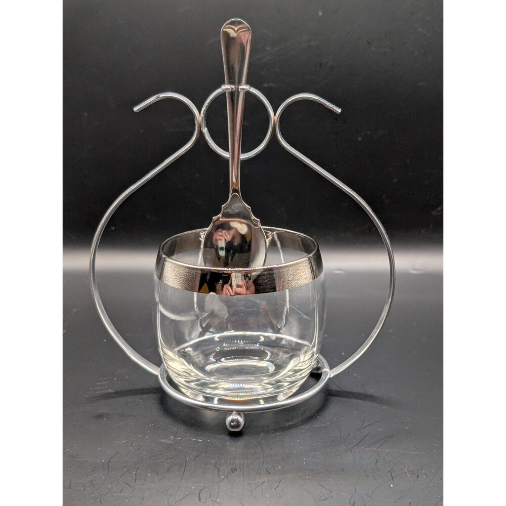Clear Crystal Condiment Bowl with Metal Stand and Hanging Spoon